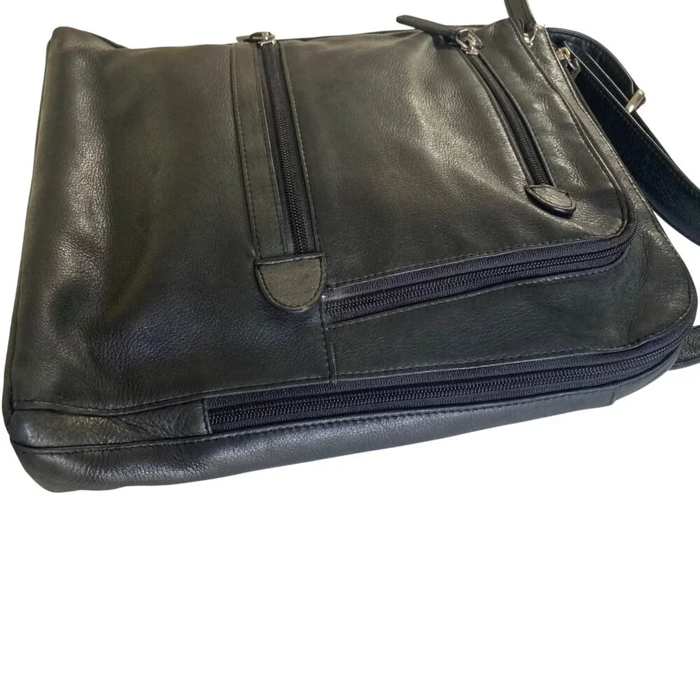 Levenger Black Leather Crossbody Laptop Tablet Bag Multiple Pockets Adj Strap